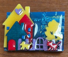 House Pins by Lucinda USA Blue Glitter Sky House Cat & Dog in Yard Pin / Brooch