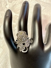 C&C Rhodium Electroplate Clark & Coombs Art Deco Marcasite Rose Flower Ring VTG