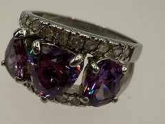 ESTATE STERLING SILVER PASTE AMETHYST THREE STONE RING PEAR HEART OVAL CZ SIZE 8