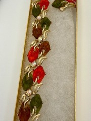 mid century jelly lucite goldtone leaves bracelet earring set orange green & ab
