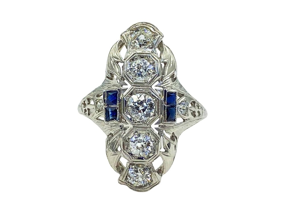 Belais 1.5cttw Diamond Blue Sapphire 18k Gold Shield Ring Antique Art Deco 1920s