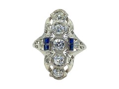 Belais 1.5cttw Diamond Blue Sapphire 18k Gold Shield Ring Antique Art Deco 1920s