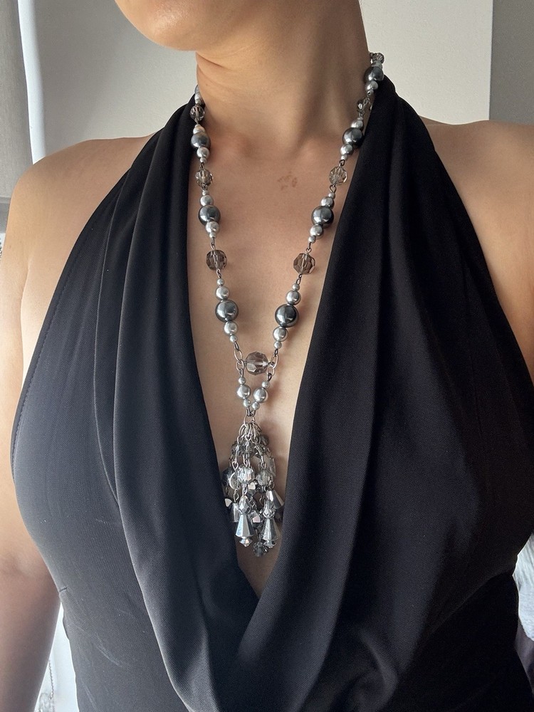 Vintage Silver Tone Beaded Tassel Necklace Gray Crystal Statement Pendant