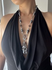 Vintage Silver Tone Beaded Tassel Necklace Gray Crystal Statement Pendant