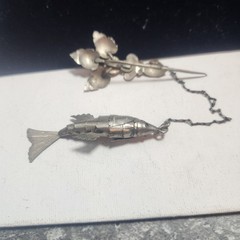 Antique Articulated Koi Fish Chatelaine Pin Red Glass Flower Hand Silver Tone