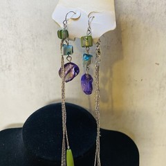 Vintage JC Penny Costume Jewelry Necklace & Earrings Stones 💜💚 & Chain