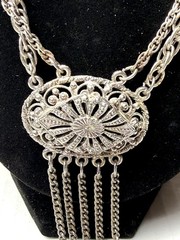 Vintage Tribal Ethnic Filigree Metalwork Fringe Tassel Necklace Silver Tone Boho