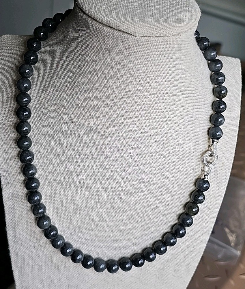 Rare Omphacite Certified Burma Grade A Jadeite Black Charcoal Bead Necklace 9 mm