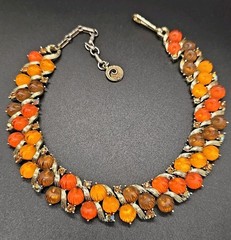 Lisner Thermoset Autumn Orange Amber Brown Pumpkins Necklace Rhinestones 50s