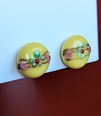 Vintage JAPAN Yellow ¾” Button CLIP Floral Glass Lampwork EARRINGS Screw Back