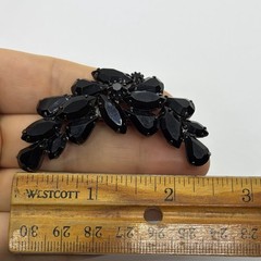 Vtg Jet Black Rhinestone Crescent Statement Gunmetal Brooch Marquise Teardrop