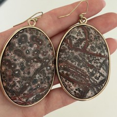Big Leopard Skin Jasper Cabochon Chunky Stone Huge Oval Drop Statement Earrings