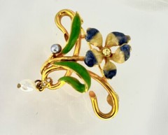 SIGNED JOAN RIVERS IRIS ART NOUVEAU FLOWER FASHION PIN,FAUX PEARL DANGLE,SPARKLY