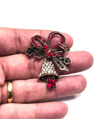 Modern Festive Rhinestone Christmas Holly Dangle Bell With Ribbon Pin / Brooch