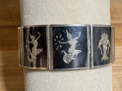 Vintage Thai Siam Niello Sterling Silver Panel 7” Bracelet 9 Panel Dancers 32.7g
