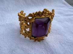 JC Thailand Rococo Cuff Bracelet Florentine Amethyst Purple Stone Gold Vintage