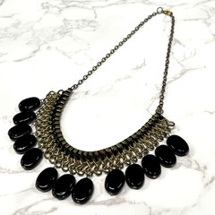Antique Brass Link Mesh Bib Necklace Chunky Black Dangle Bead Statement Collar