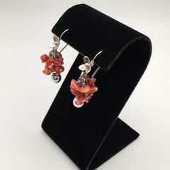Vintage Sterling Silver Red Orange Coral Flower Hook Dangle Earrings 8.9g #97