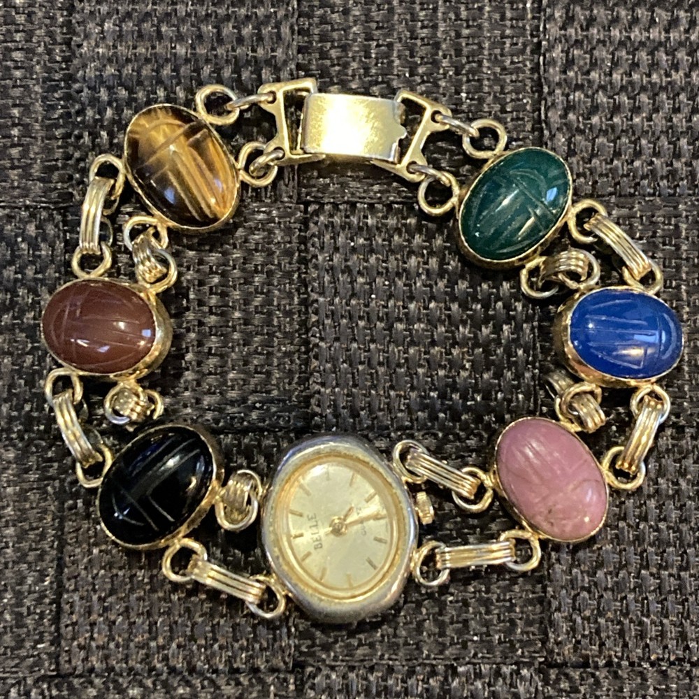 Vtg Belle Designs Scarab Bracelet Watch Gold Tone Quartz New Battery Works 7”