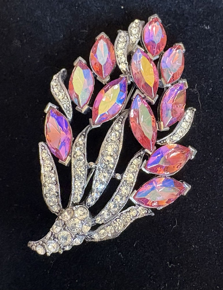 Weiss Signed Vintage AB Hot Pink Marquise Rhinestone Spray Brooch Silvertone 3″