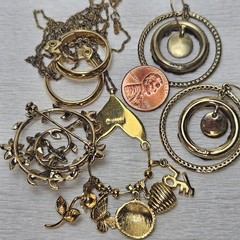 Monet Gold Charm Holder on Chain Braided Leather Hoop Earrings Rhinestone Brooch