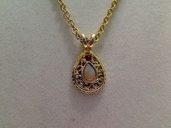 Vintage Goldtone Faux Fire Opal Teardrop Pendant Necklace, 18″