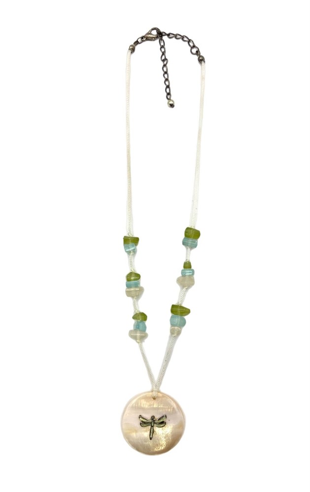 Dragonfly Pendant Abalone MOP Shell Choker Necklace Sea Glass White Green Blue