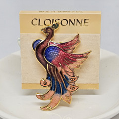Vintage Cloisonne Enamel Bird Brooch Pin Blue Red Gold Bird
