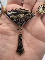 Vintage Amita Damascene Fan Link 3 Piece Set 24k Gold Plated Japan Full Parure