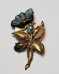 Copper Metal Blue Flower Pin Blue Rhinestone 2.25 inch Estate Vintage 1950s