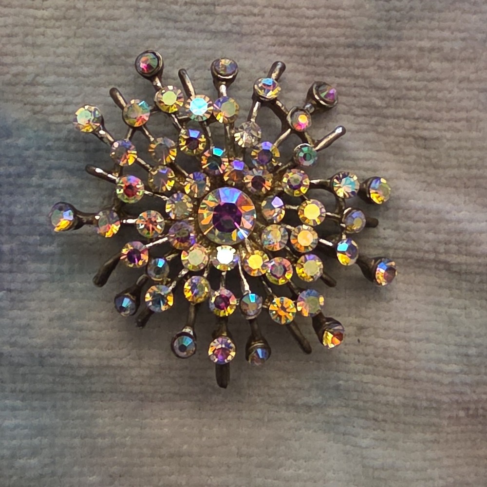 1950s A/B Rhinestone Brooch w Pendant Loop Atomic Snowflake Star Burst Sunburst