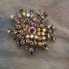 1950s A/B Rhinestone Brooch w Pendant Loop Atomic Snowflake Star Burst Sunburst
