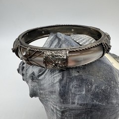 VTG Dark Silver -Tone Framed Grey Brown Lucite with Filigree & Crystal Bangle