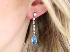 Antique 3.45Ct Aquamarine and 0.60Ct Diamond, Platinum Drop Earrings Circa 1925