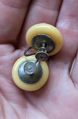 Vintage JAPAN Yellow ¾” Button CLIP Floral Glass Lampwork EARRINGS Screw Back