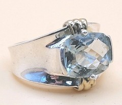 Vintage Sterling Silver 925 Large Cushion-Cut Aquamarine & Gold Accents Size 8.5
