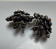 Vintage LaVintage Antiqued Gold Brass Purple Crystals Flowers Earrings Pierced