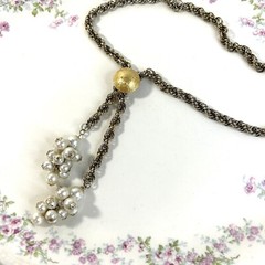 VTG Gold Tone Pearl Lariat Necklace Working Slide Y drop Dangle Cluster NICE