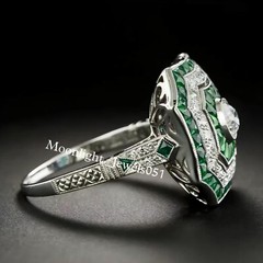Art Deco Round Lab Created Diamond & Emerald 925 Silver Engagement Vintage Ring
