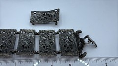Silver Blue Stone Bracelet Lapis Pearl Vtg Ornate Brutalist Panel Mixed Metals
