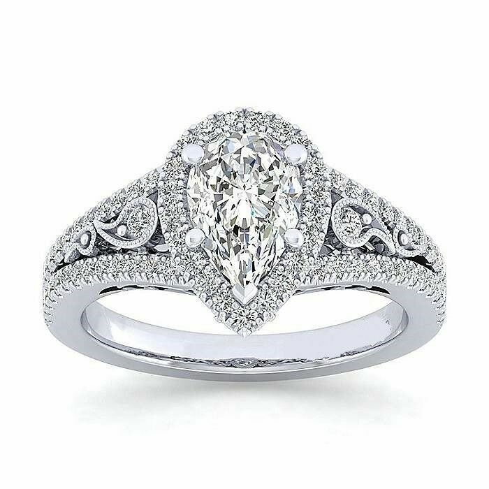 Art Deco Pear Lab Created Diamond Bridal, Party Wear 14K White Gold Finish Ring