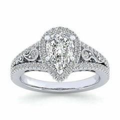 Art Deco Pear Lab Created Diamond Bridal, Party Wear 14K White Gold Finish Ring