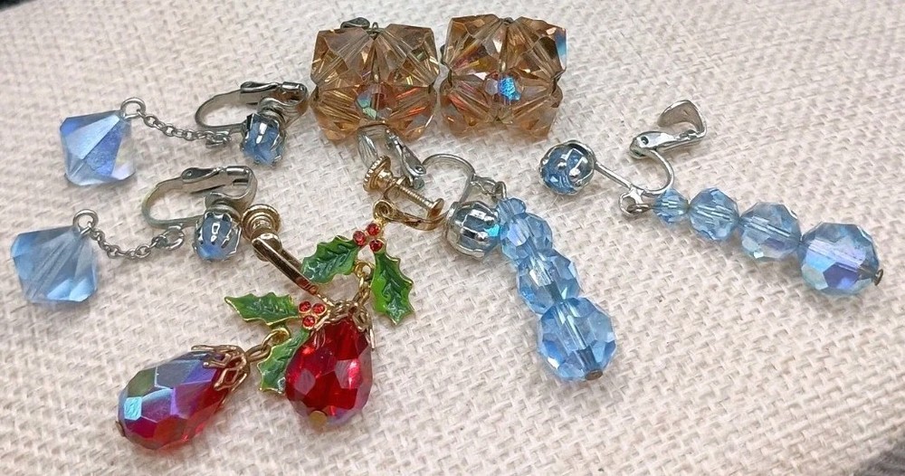 Vintage AB Crystal Earrings Lot Set Beaded Clip On Dangle Drop Rhinestone