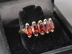 Vintage Almandine Garnet Ring, Five Stone 14K Gold Band Size 9