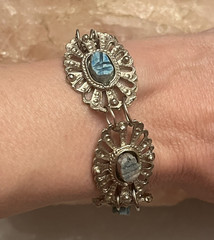 Vintage Egyptian Revival Turquoise Scarab Silver Filigree Bracelet/Earrings Set