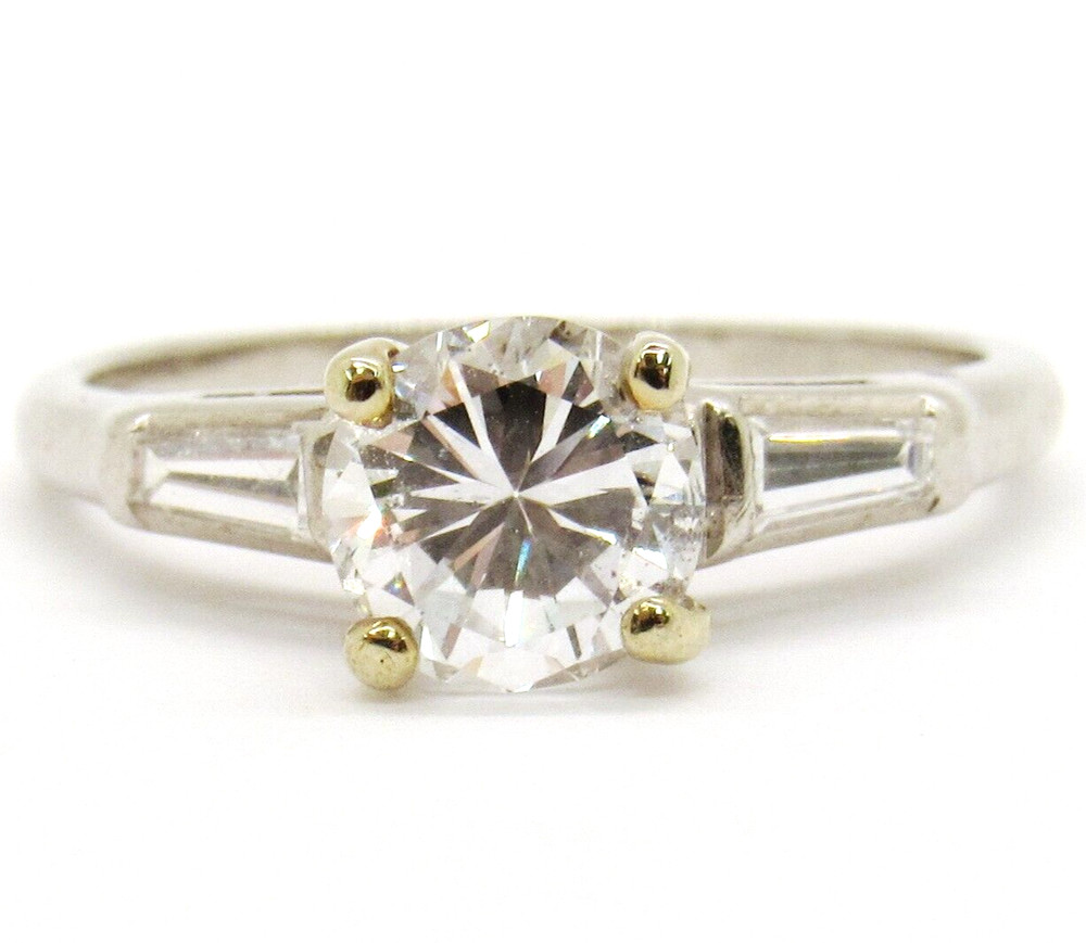 Platinum 1Ctw Round Brilliant Tapered Baguette Solitaire Diamond Engagement Ring
