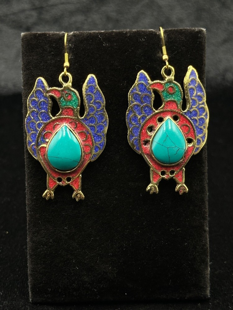 Vintage Tibetan Nepalese Unique Brass Bird Earring With Coral & Turquoise Stone