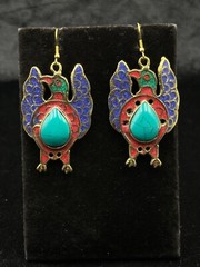 Vintage Tibetan Nepalese Unique Brass Bird Earring With Coral & Turquoise Stone
