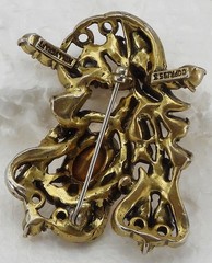 1953 HOLLYCRAFT Rhinestone Floral Brooch Faux Golden Topaz & Pearls Signed Dated