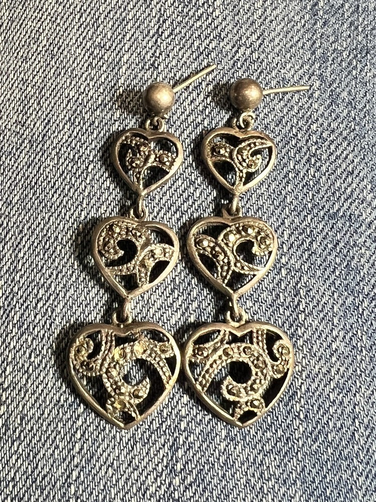 Old Vintage Dangle Sterling Silver Triple Heart Marcasite Earrings